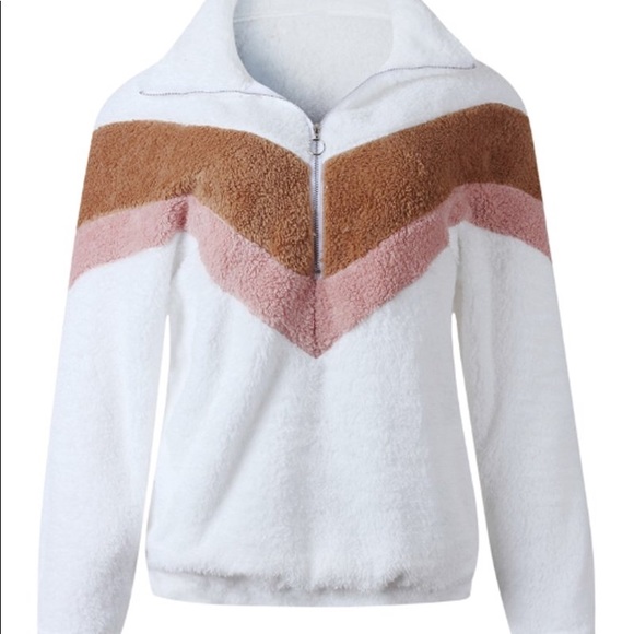 SOLD OUT White Pink & Beige Striped Chevron Fleece Pullover - Picture 5 of 5